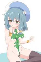 Rule 34 | 1girl, armlet, blue hair, blue hat, blush, breasts, brown thighhighs, collarbone, commentary request, endro!, flower, green eyes, hair between eyes, hair ornament, hands up, hat, highres, long hair, medium breasts, meiza endust, multicolored clothes, multicolored hat, parted lips, revealing clothes, sincos, sitting, solo, thighhighs, white background, white flower, white hat