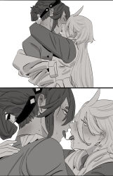 Rule 34 | 2girls, absurdres, after kiss, ahoge, arms around neck, blush, commentary request, drooling, ear blush, eye contact, french kiss, greyscale, gundam, gundam suisei no majo, hairband, hand on another&#039;s shoulder, highres, hug, kiss, korean commentary, long hair, long sleeves, looking at another, miorine rembran, monochrome, multiple girls, neck blush, saliva, saliva trail, snapagi, suletta mercury, sweat, thick eyebrows, tongue, tongue out, upper body, yuri