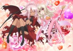 Rule 34 | &gt;:), 2girls, ascot, bare shoulders, black bra, black footwear, blonde hair, blush, boots, bow (weapon), bra, breasts, bridal gauntlets, cape, chloe von einzbern, commentary request, cross, dark-skinned female, dark skin, detached sleeves, dress, elbow gloves, fate/kaleid liner prisma illya, fate (series), feather hair ornament, feathers, flower, full body, gloves, hair between eyes, hair ornament, heart, holding, holding bow (weapon), holding hands, holding weapon, illyasviel von einzbern, interlocked fingers, kaleidostick, knee boots, knees, latin cross, long hair, looking at viewer, magical girl, magical ruby, multiple girls, navel, official art, open mouth, parted bangs, petals, pink dress, pink flower, pink footwear, pink hair, pink rose, prisma illya, red cape, red eyes, rose, small breasts, smile, sparkle, stomach, teeth, thigh boots, thigh strap, thighhighs, thighs, twintails, underwear, v-shaped eyebrows, wand, weapon, white gloves, yellow ascot, yellow eyes