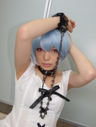 Rule 34 | 1girl, alternate costume, armpits, arms up, asian, ayanami rei, blue hair, breasts, collar, color contacts, cosplay, dutch angle, frills, goth fashion, indoors, lace, leash, looking at viewer, makeup, mascara, namada, neon genesis evangelion, photo (medium), red eyes, short hair, small breasts, solo, thighhighs