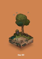 Rule 34 | animal, archery, arrow (projectile), bird, boulder, bow (weapon), bush, campfire, commentary request, diorama, gozz, highres, isometric, log, orange background, original, plank, string, weapon