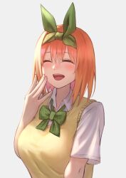 Rule 34 | 1girl, bow, bowtie, breasts, closed eyes, collared shirt, go-toubun no hanayome, gomashiwo o, green bow, green bowtie, green hairband, grey background, hairband, hand to own mouth, large breasts, medium hair, nakano yotsuba, open mouth, orange hair, shirt, simple background, solo, sweater vest, teeth, upper teeth only, white shirt, yellow sweater vest