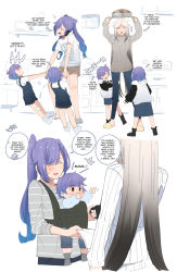 Rule 34 | 6+girls, absurdres, baby, baby carrier, cargo shorts, casual, closed eyes, cone hair bun, contemporary, english text, genshin impact, hair bun, highres, hinagi (fox priest), if they mated, keqing (genshin impact), long hair, mother and daughter, multiple girls, ningguang (genshin impact), overalls, ponytail, purple eyes, purple hair, shirt, short hair, shorts, t-shirt, twintails, very long hair, white hair, wife and wife