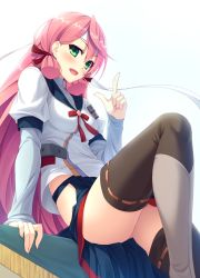 Rule 34 | 10s, 1girl, :d, akashi (kancolle), black thighhighs, blush, breasts, green eyes, highres, hinata nao, kantai collection, knee up, long hair, long sleeves, open mouth, pink hair, pointing, pointing up, sidelocks, skirt, smile, solo, thighhighs