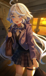 Rule 34 | 1girl, absurdres, blue eyes, blue hair, furina (genshin impact), genshin impact, highres, long hair, long sleeves, looking at viewer, m0 0m c, necktie, open mouth, school uniform, smile, solo