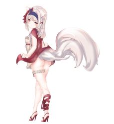 Rule 34 | 1girl, absurdres, animal ear fluff, animal ears, blade &amp; soul, blush, bridal garter, commission, dress, full body, hairband, highres, large tail, long hair, looking at viewer, lyn (blade &amp; soul), panties, plushmallow (lyn), ribbon, silver hair, simple background, sleeveless, solo, tail, underwear, white background, xeirn