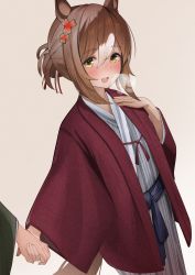 Rule 34 | 1girl, alternate costume, animal ears, blush, brown hair, commentary request, fine motion (umamusume), folded ponytail, green eyes, heavy breathing, highres, holding hands, horse ears, horse girl, horse tail, japanese clothes, kimono, krmrsn9603, looking at viewer, onsen, open mouth, simple background, solo focus, tail, umamusume, umapyoi (phrase), yukata