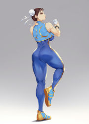 Rule 34 | 1girl, blueorca, bodysuit, bracelet, breasts, brown eyes, brown hair, bun cover, capcom, chun-li, coffee cup, cup, disposable cup, double bun, hair bun, highres, jewelry, large breasts, muscular, muscular female, shoes, solo, street fighter, striped, thick thighs, thighs