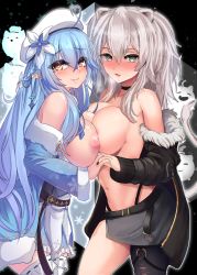 Rule 34 | 2girls, blue hair, blush, breast press, breasts, ceilinginmyroom, elf, grey eyes, grey hair, highres, holding hands, hololive, large breasts, looking at viewer, multiple girls, nipples, pointy ears, shishiro botan, smile, ssrb (shishiro botan), symmetrical docking, virtual youtuber, yellow eyes, yukihana lamy