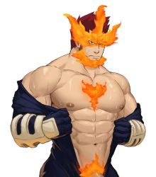 Rule 34 | 1boy, abs, absurdres, bara, bare pectorals, bare shoulders, beard, blue eyes, bodysuit, boku no hero academia, cowboy shot, endeavor (boku no hero academia), facial hair, fire, helbai, highres, large pectorals, male focus, mature male, muscular, muscular male, navel, nipples, off shoulder, open bodysuit, open clothes, paid reward available, pectorals, penis, penis peek, red hair, scar, scar across eye, scar on face, short hair, solo, spiked hair, sweat, veins