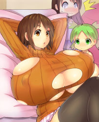 Rule 34 | 3girls, arms behind head, arms up, ayase ena, ayase fuuka, black legwear, blush, breast awe, breast expansion, breasts, brown eyes, brown hair, bursting breasts, child, cleavage, worried, gigantic breasts, green eyes, green hair, koiwai yotsuba, long hair, lying, magister, multiple girls, open mouth, quad tails, ribbed sweater, short hair, surprised, sweatdrop, sweater, thighhighs, torn clothes, yotsubato!