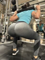 Rule 34 | 1girl, asian, ass, ass focus, black hair, butt crack, curvy, exercising, gym uniform, highres, huge ass, japanese (nationality), long hair, mirror image, pants, photo (medium), ponytail, real life, ririkana, simple background, skin tight, skindentation, solo, squatting, thigh gap, training, weights, wide hips, yoga pants