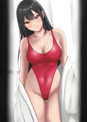 Rule 34 | 1girl, black hair, breasts, cleavage, commentary request, covered navel, head tilt, highleg, highleg swimsuit, highres, large breasts, long hair, looking at viewer, nanajou, one-piece swimsuit, original, red eyes, red one-piece swimsuit, robe, solo, swimsuit, thigh gap, undressing, white robe