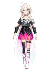 Rule 34 | 1girl, ahoge, asymmetrical legwear, black shirt, black socks, blue eyes, boots, braid, cevio, choker, collarbone, commentary, crop top, expressionless, full body, gradient hair, grey shirt, ia (vocaloid), jewelry, kneehighs, long hair, multicolored hair, off-shoulder shirt, off shoulder, overlord (overlord80000), pink hair, pink skirt, platinum blonde hair, pleated skirt, ring, shirt, simple background, skirt, socks, solo, standing, straight-on, striped clothes, striped socks, tachi-e, thigh strap, thighhighs, twin braids, uneven legwear, very long hair, vocaloid, white background, white footwear