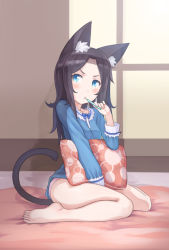 Rule 34 | 1girl, animal ears, barefoot, black hair, blue eyes, blush, brushing teeth, cat ears, cat tail, feet, frown, indoors, long hair, mofu (mof swimradio), original, panties, pillow, sitting, solo, tail, toothbrush, underwear, wariza