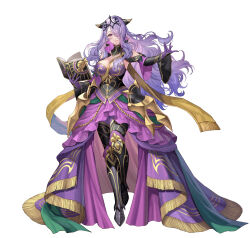 Rule 34 | 1girl, absurdres, armor, book, breasts, camilla (fire emblem), commentary request, dress, fire emblem, fire emblem fates, fire emblem heroes, full body, greaves, highres, holding, holding book, horns, large breasts, long hair, long sleeves, looking at viewer, nintendo, official alternate costume, official art, okuma mai, purple dress, purple eyes, purple hair, simple background, solo, standing, very long hair, white background