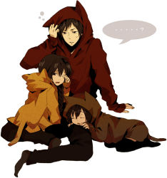 2girls ? animal_ears bad_id bad_pixiv_id braid brother_and_sister brown_eyes brown_hair cat_ears cat_tail durarara!! hood hoodie long_hair multiple_girls okazu orihara_izaya orihara_kururi orihara_mairu red_eyes short_hair siblings sisters sleeping tail twin_braids twins wink aged_down