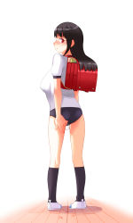 Rule 34 | 1girl, ass, backpack, bag, black hair, black socks, blouse, blush, buruma, embarrassed, full body, glasses, gym uniform, hand on own thigh, indoors, kadan (ad1999), kneehighs, kneepits, long hair, looking at viewer, looking back, original, pussy juice, pussy juice drip through clothes, red eyes, shirt, shoes, short sleeves, simple background, socks, solo, standing, underwear, uwabaki, white background, white shirt, wooden floor