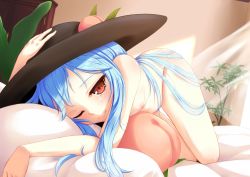 Rule 34 | 1girl, ass, bed, blue hair, blush, breasts, completely nude, female focus, food, fruit, hat, hinanawi tenshi, indica, long hair, nipples, nude, one eye closed, peach, red eyes, small breasts, solo, touhou, very long hair, wink