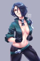 Rule 34 | 1girl, armor, artist name, asymmetrical hair, belt, black choker, black gloves, black pants, blue hair, breasts, choker, cleavage, collarbone, fire emblem, fire emblem: three houses, gloves, green jacket, hakuramen, holding, holding clothes, holding jacket, jacket, large breasts, medium breasts, navel, nintendo, open clothes, open jacket, pants, purple eyes, shamir nevrand, shoulder armor, smile, solo