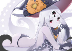 Rule 34 | 1girl, abigail williams (fate), absurdres, bare shoulders, black bow, black hat, black panties, bow, breasts, colored skin, fate/grand order, fate (series), forehead, hat, highres, keyhole, long hair, lying, miyu10366, multiple bows, on stomach, orange bow, panties, parted bangs, red eyes, small breasts, solo, tentacles, thighs, third eye, underwear, white hair, white skin, witch hat