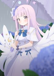 Rule 34 | 1girl, badge, blue archive, blue bow, blue flower, blue ribbon, blunt bangs, blurry, blurry foreground, blush, bow, button badge, capelet, commentary, dress, eyelashes, flower, grey sky, hair bun, highres, hydrangea, long hair, looking at viewer, mika (blue archive), mugenmarine, pink hair, purple umbrella, rain, ribbon, scrunchie, single side bun, sky, smile, solo, umbrella, white capelet, white dress, white wings, wings, wrist scrunchie, yellow eyes