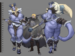 Rule 34 | 1boy, 2girls, 69 (artist), abs, ass, breasts, brown hair, character sheet, colored skin, feet, hammer, high heels, highres, horns, large breasts, long hair, multiple girls, nipple piercing, nipple rings, piercing, pointy ears, purple skin, robe, size difference, sword, tail, tattoo, topless, tribal tattoo, weapon, white hair