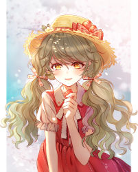 Rule 34 | 1girl, baocaizi, blush, bow, collared dress, commentary request, dress, earrings, floral print, flower, flower earrings, food, frilled sleeves, frills, fruit, grey hair, hair ornament, hair ribbon, hat, hat bow, hat flower, highres, holding, holding food, holding fruit, jewelry, light blush, long hair, looking at viewer, neck ribbon, open mouth, original, plaid, plaid bow, print ribbon, red bow, red dress, ribbon, short sleeves, slit pupils, smile, solo, straw hat, strawberry, twintails, wavy hair, white ribbon, yellow eyes
