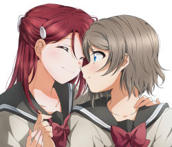 Rule 34 | 2girls, blue eyes, bow, bowtie, brown hair, closed eyes, closed mouth, collarbone, couple, grey sailor collar, hair between eyes, hand on another&#039;s shoulder, highres, long hair, looking at another, love live!, love live! sunshine!!, multiple girls, portrait, red bow, red hair, red neckwear, sailor collar, sakurauchi riko, school uniform, short hair, simple background, smile, upper body, uranohoshi school uniform, watanabe you, white background, yuchi (salmon-1000), yuri