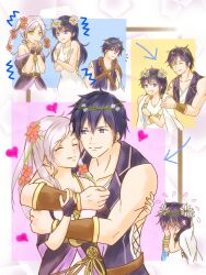 Rule 34 | 1boy, 2girls, arrow (symbol), artist request, bare shoulders, belted dress, blue eyes, blue hair, blush, bracelet, breasts, brown eyes, capelet, chrom (fire emblem), cleavage, cold, collarbone, couple, covering face, crossed arms, dress, embarrassed, eyelashes, father and daughter, fingerless gloves, fire emblem, fire emblem awakening, fire emblem heroes, flower hair ornament, flying sweatdrops, gloves, hair between eyes, heart, height difference, highres, hug, intelligent systems, jewelry, long hair, lucina (fire emblem), lucina (valentine) (fire emblem), matching hair/eyes, medium breasts, multiple girls, multiple views, neck, nintendo, official alternate costume, open mouth, parted bangs, robin (female) (fire emblem), robin (female) (valentine) (fire emblem), robin (fire emblem), short hair, side slit, sidelocks, sleeveless, sleeveless dress, small breasts, standing, sundress, symbol in eye, toned, toned male, twintails, upper body, white dress, white hair