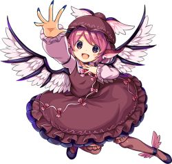 Rule 34 | 1girl, animal ears, bird ears, bird wings, black footwear, blue nails, blush, brown dress, brown hat, brown thighhighs, dress, fingernails, frilled dress, frilled sleeves, frills, full body, grey eyes, hat, long fingernails, long sleeves, mystia lorelei, nail polish, official art, open mouth, pink hair, sharp fingernails, shiashiashia3, shoes, short hair, smile, solo, thighhighs, touhou, touhou danmaku kagura, transparent background, white wings, winged footwear, winged hat, wings