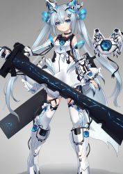 Rule 34 | 1girl, absurdres, armored boots, bare shoulders, blue eyes, boots, breasts, closed mouth, dress, eyebrows hidden by hair, feet out of frame, frilled dress, frills, gradient background, grey background, grey hair, hair between eyes, headgear, high heel boots, high heels, highres, hinata (user rjkt4745), holding, holding sword, holding weapon, long hair, mecha musume, original, robot, shadow, sleeveless, sleeveless dress, small breasts, solo, standing, sword, thighhighs, thighhighs under boots, twintails, very long hair, weapon, white dress, white footwear, white thighhighs