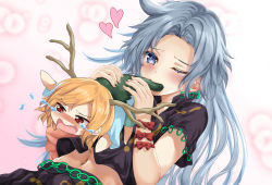Rule 34 | 2girls, antlers, biting another&#039;s tail, black shirt, black skirt, blonde hair, blue eyes, blue shirt, blurry, blurry background, blush, bow, chewing, chibi, commentary request, crying, crying with eyes open, dragon girl, dragon horns, dragon tail, furrowed brow, heart, heart-shaped pupils, himemushi momoyo, holding, holding person, horns, jewelry, kaeranu kaeru, kicchou yachie, long hair, midriff, multiple girls, navel, one eye closed, parted bangs, pink background, red bow, red eyes, ring, shirt, short hair, short sleeves, silver hair, size difference, skirt, skirt set, stomach, symbol-shaped pupils, tail, tail in mouth, tears, touhou, turtle shell, wavy eyes, wrist bow, wrist straps