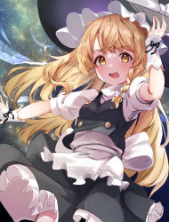 Rule 34 | 1girl, :d, apron, azumake (azumakei), black ribbon, black skirt, black vest, blonde hair, blush, bow, braid, breasts, buttons, commentary request, cowboy shot, frills, hair bow, hair ribbon, hand on headwear, hand up, hat, hat bow, highres, kirisame marisa, long hair, looking at viewer, night, night sky, open mouth, outstretched arm, petticoat, puffy short sleeves, puffy sleeves, ribbon, short sleeves, side braid, single braid, skirt, sky, small breasts, smile, solo, star (sky), touhou, tress ribbon, vambraces, very long hair, vest, waist apron, white apron, white bow, witch hat, wrist guards, yellow eyes