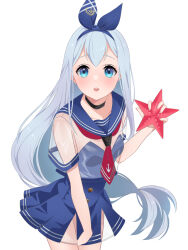 Rule 34 | 1girl, :d, anchor (nikke), blue eyes, blue hair, blue ribbon, blue sailor collar, blush, breasts, goddess of victory: nikke, hair ribbon, highres, kayapotechi, light blue hair, long hair, looking at viewer, neckerchief, open mouth, pleated skirt, red neckerchief, ribbon, sailor collar, see-through, skirt, small breasts, smile, solo, starfish, white background