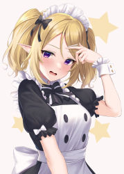 Rule 34 | 1girl, absurdres, alternate costume, apron, arm up, black dress, blonde hair, bow, bowtie, breasts, chloe (princess connect!), dress, enmaided, frilled dress, frills, frown, hair bow, highres, long hair, looking at viewer, maid, maid apron, maid headdress, medium breasts, open mouth, pointy ears, princess connect!, purple eyes, rama (yu-light8), short sleeves, sidelocks, simple background, solo, twintails, upper body, white background, wrist cuffs