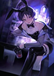 Rule 34 | 1boy, :p, absurdres, alcohol, animal ears, bare shoulders, black bow, black gloves, black shorts, black thighhighs, blunt ends, bow, bowtie, cup, drinking glass, eyeliner, fake animal ears, genshin impact, gloves, grey jacket, half gloves, highres, holding, holding cup, jacket, long sleeves, looking at viewer, male focus, nekomi 0, parted bangs, purple eyes, purple hair, rabbit boy, rabbit ears, red eyeliner, scaramouche (genshin impact), short hair, short shorts, shorts, thighhighs, tongue, tongue out, trap, wanderer (genshin impact)