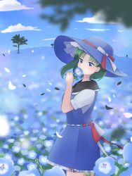 Rule 34 | 1girl, adapted costume, asymmetrical hair, blouse, blue dress, blue eyes, blue flower, blue hat, blue sky, blush, bow, breasts, cloud, collared dress, commentary request, cowboy shot, dress, field, flower, flower field, frilled dress, frills, green hair, hat, hat bow, hill, holding, looking at viewer, looking to the side, medium breasts, miyaco (shirataki 168), nemophila (flower), red bow, ribbon-trimmed dress, shiki eiki, shirt, short hair, short sleeves, sky, sleeveless, sleeveless dress, solo, sun hat, touhou, tree, two-tone bow, white bow, white shirt