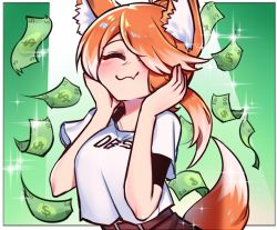 Rule 34 | 1girl, animal ears, banknote, blush, closed eyes, closed mouth, collarbone, commission, facing viewer, fang, fox ears, fox girl, fox tail, gradient hair, hair over one eye, hands on own face, money, multicolored hair, orange hair, original, pon fresh, short hair, short sleeves, skin fang, smile, solo, swept bangs, tail, white hair