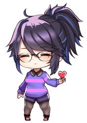 Rule 34 | 1girl, absurdres, black hair, chibi, commentary request, cosplay, facing viewer, frisk (undertale), frisk (undertale) (cosplay), full body, glasses, heart, highres, indie virtual youtuber, kson, mole, mole under eye, nyctea snow, purple sweater, solo, souchou, striped clothes, striped sweater, sweater, undertale, virtual youtuber, wing collar