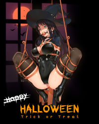 Rule 34 | 1girl, arms behind back, ball gag, bat (animal), bdsm, black hair, bondage, boots, bound, breasts, cameltoe, cape, choker, commentary, covered navel, earrings, english commentary, engrish commentary, frogtie, gag, gagged, green eyes, halloween, halloween costume, happy halloween, hat, hidden (pixiv 46421548), high heel boots, high heels, highres, jewelry, large breasts, leotard, long hair, original, rope, solo, suspension, thighhighs, trick or treat, wiffle gag, window, witch hat