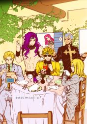 Rule 34 | 6+boys, artist name, bag, blonde hair, blue eyes, bottle, cup, diavolo, dio brando, drinking glass, enrico pucci, food, fork, formal, french fries, funny valentine, gloves, grey hair, headband, ivy, jojo no kimyou na bouken, kars (jojo), kira yoshikage, knife, male focus, mcdonald&#039;s, multiple boys, musical note, napkin, necktie, paper bag, pink hair, plant, plate, purple hair, quaver, scarf, severed hand, sparkle, speech bubble, steel ball run, suit, sunglasses, tianel ent, tongue, tongue out, wine bottle, wristband
