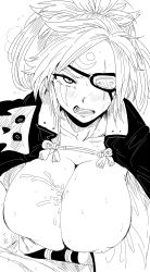 Rule 34 | 1girl, absurdres, baiken, big hair, black jacket, breasts, breasts out, cum, ejaculation, eyepatch, facial tattoo, greyscale, guilty gear, highres, jacket, jacket on shoulders, kaiman garupan, large breasts, looking at viewer, monochrome, nipples, one-eyed, paizuri, ponytail, scar, sweat, tattoo, wrist cuffs