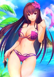 Rule 34 | 1girl, akisa yositake, bikini, breasts, cleavage, cloud, cloudy sky, day, fate/grand order, fate (series), highres, kunai, large breasts, long hair, looking at viewer, navel, outdoors, palm tree, purple hair, red eyes, scathach (fate), scathach (fate/grand order), scathach (swimsuit assassin) (fate), sky, solo, swimsuit, tree, weapon