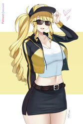 Rule 34 | 1girl, :d, alternate costume, alternate hairstyle, aori sora, baseball cap, belt, black hat, black skirt, blonde hair, breasts, brown belt, cleavage, commentary request, cowboy shot, crop top, drill hair, drill sidelocks, genshin impact, hat, highres, jacket, large breasts, long hair, long sleeves, looking at viewer, midriff, miniskirt, navel, navia (genshin impact), open clothes, open jacket, open mouth, pencil skirt, ponytail, shirt, sidelocks, skirt, smile, solo, standing, very long hair, white shirt