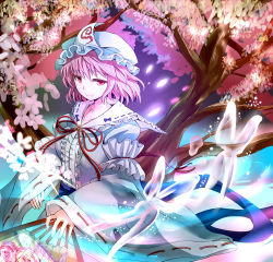 Rule 34 | 1girl, bug, butterfly, cherry blossoms, hand fan, female focus, folding fan, givuchoko, glowing, hat, highres, bug, light smile, neck ribbon, petals, pink eyes, pink hair, ribbon, saigyouji yuyuko, short hair, smile, solo, touhou, transparent, tree, triangular headpiece, wide sleeves