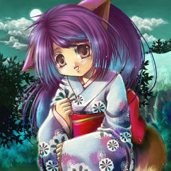 Rule 34 | animal ears, blue hair, fox ears, japanese clothes, kimono, lowres, pink eyes, purple hair