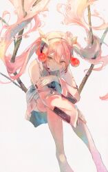 Rule 34 | 1girl, bare shoulders, boots, branch, cherry blossoms, cherry hair ornament, detached sleeves, falling petals, flower, food-themed hair ornament, frilled shirt, frills, full body, hair between eyes, hair ornament, hand on own arm, hand on own leg, hashtag only commentary, hatsune miku, headset, highres, light smile, long hair, long sleeves, looking ahead, looking at viewer, miku day, miniskirt, nazuna (nazuna su), necktie, number tattoo, petals, pink eyes, pink footwear, pink hair, pink nails, pink necktie, pink skirt, pink trim, sakura miku, shaded face, shirt, sitting, skirt, sleeveless, sleeveless shirt, solo, tattoo, thigh boots, thighhighs, very long hair, vocaloid, white background, white shirt, wide sleeves, zettai ryouiki