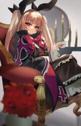 Rule 34 | 1girl, black capelet, black dress, black ribbon, blazblue, blonde hair, blush, bow, bowtie, candle, capelet, chair, closed mouth, cross, cup, dress, flower, frilled sleeves, frills, full body, hair ribbon, highres, holding, holding cup, long hair, long sleeves, looking at viewer, parted bangs, popped collar, profile, rachel alucard, red background, red bow, red bowtie, red eyes, ribbon, rose, sato one1, shaded face, simple background, sitting, skirt, solo, teacup, thick eyelashes, twintails, upper body, vase, very long hair, wide sleeves