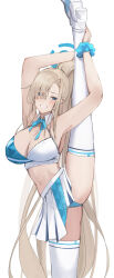 Rule 34 | 1girl, absurdres, asuna (blue archive), blue archive, blue eyes, blush, breasts, cheerleader, cleavage, detached collar, grin, hair over one eye, halterneck, highres, large breasts, light brown hair, long hair, millennium cheerleader outfit (blue archive), navel, pleated skirt, ref (pmxt4483), simple background, skirt, smile, solo, thighhighs, white background, white skirt, white thighhighs